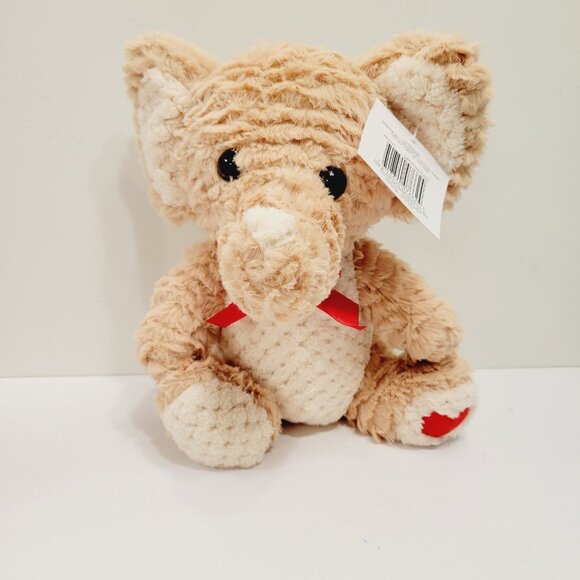 Brown Tan Cuddly Elephant Fluffy Heart Stamp Red Bow Stuffed Plush Toy - Picture 1 of 4